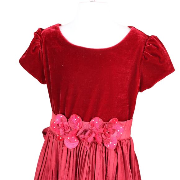 American Doll Girls Red Velvet Floral Waist Holiday Dress Size 8 - Picture 2 of 8